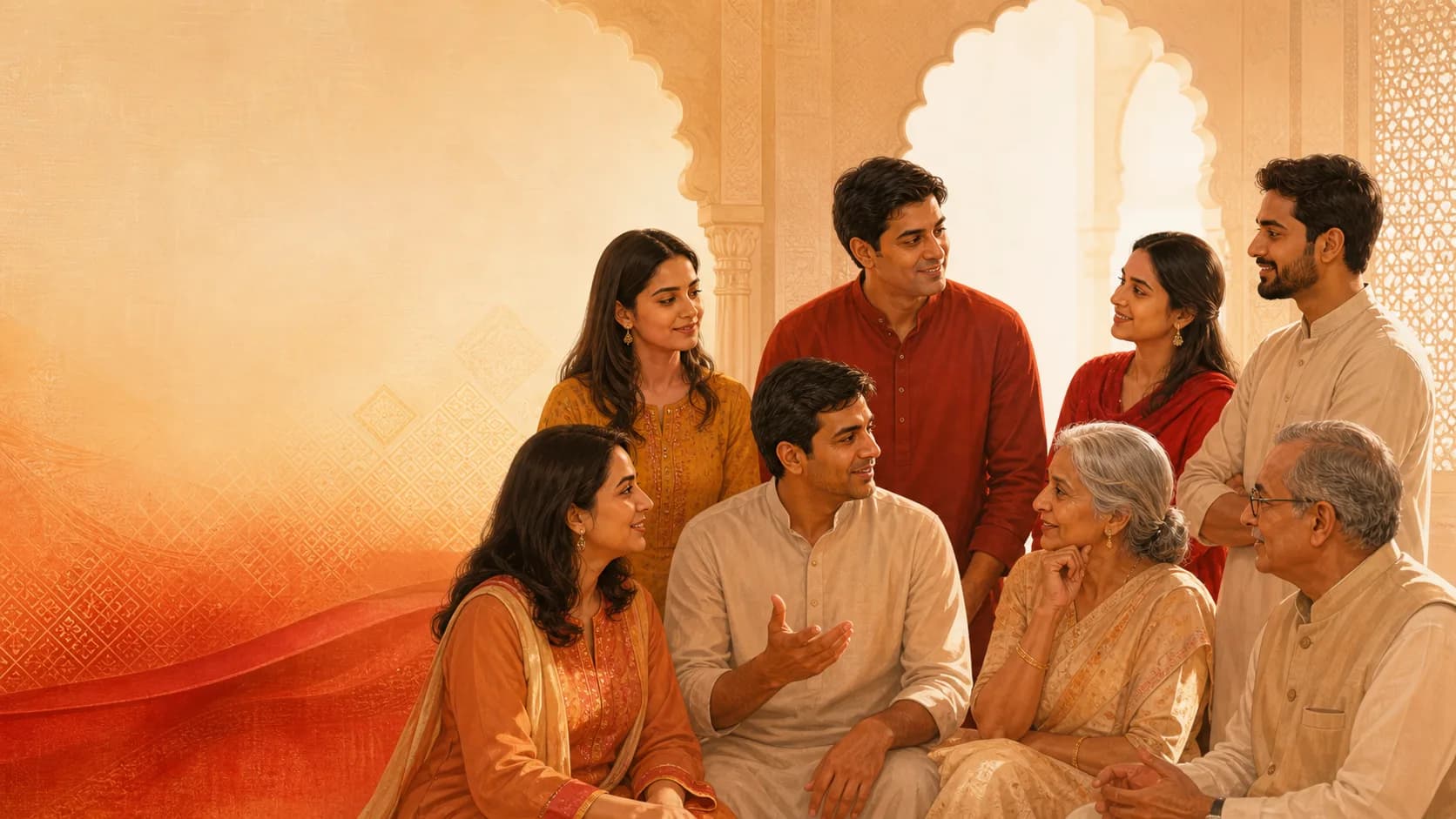 Several generations of an Agrawal family sharing a respectful community conversation