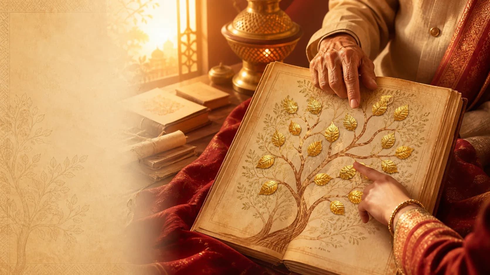 Two generations exploring a traditional family lineage manuscript with golden leaves
