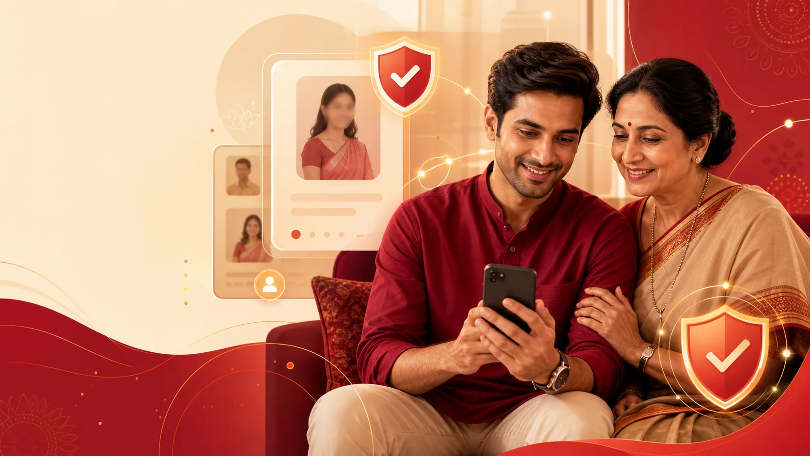 A family safely reviewing a verified matrimonial profile on a mobile phone